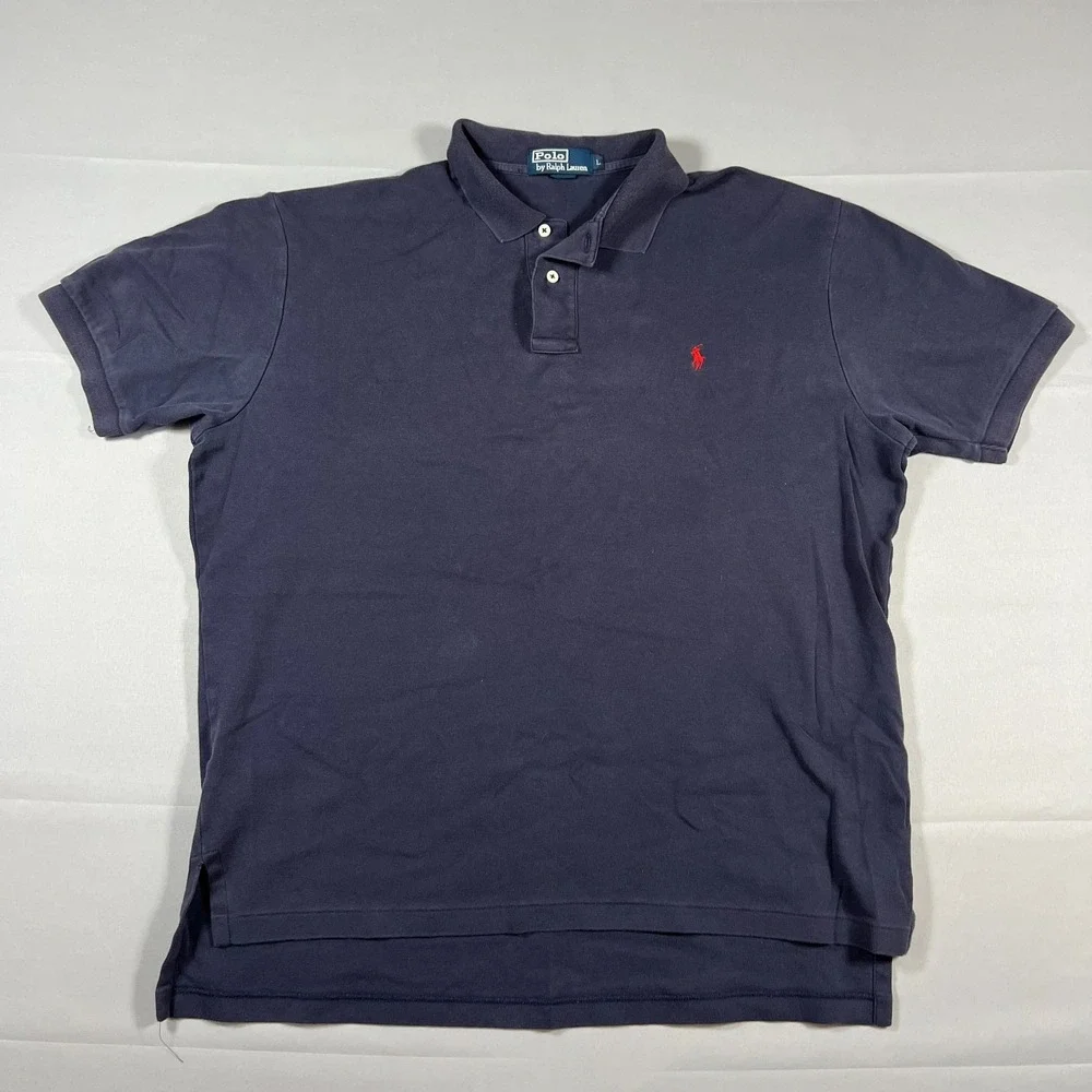Polo Ralph Lauren Polo Shirt Men Large Navy Cotton Logo Embroidered High Low Hem